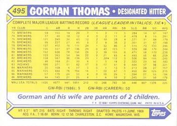 1987 Topps - Collector's Edition (Tiffany) #495 Gorman Thomas Back