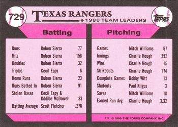 1989 Topps - Collector's Edition (Tiffany) #729 Rangers Leaders Back