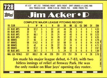 1990 Topps - Collector's Edition (Tiffany) #728 Jim Acker Back