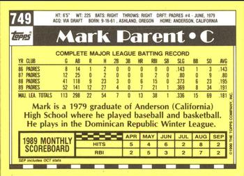1990 Topps - Collector's Edition (Tiffany) #749 Mark Parent Back