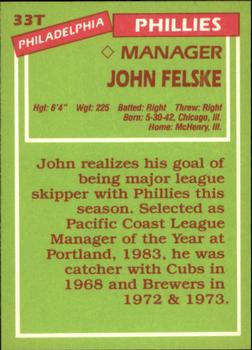 1985 Topps Traded - Limited Edition (Tiffany) #33T John Felske Back