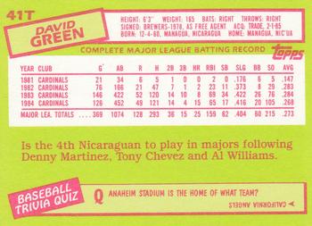 1985 Topps Traded - Limited Edition (Tiffany) #41T David Green Back