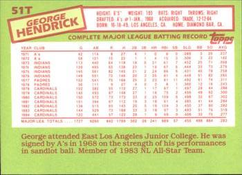 1985 Topps Traded - Limited Edition (Tiffany) #51T George Hendrick Back