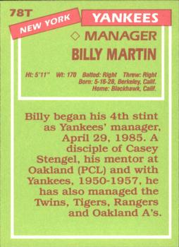 1985 Topps Traded - Limited Edition (Tiffany) #78T Billy Martin Back