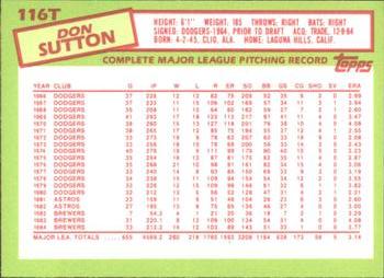 1985 Topps Traded - Limited Edition (Tiffany) #116T Don Sutton Back