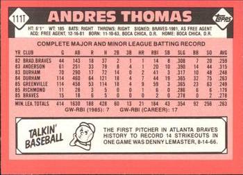1986 Topps Traded - Limited Edition (Tiffany) #111T Andres Thomas Back
