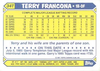 1987 Topps Traded - Limited Edition (Tiffany) #34T Terry Francona Back