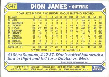 1987 Topps Traded - Limited Edition (Tiffany) #54T Dion James Back