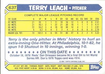 1987 Topps Traded - Limited Edition (Tiffany) #63T Terry Leach Back
