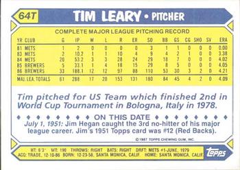 1987 Topps Traded - Limited Edition (Tiffany) #64T Tim Leary Back