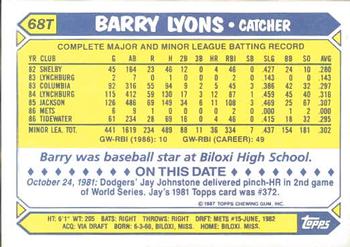 1987 Topps Traded - Limited Edition (Tiffany) #68T Barry Lyons Back