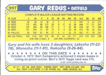 1987 Topps Traded - Limited Edition (Tiffany) #99T Gary Redus Back