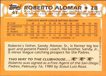 1988 Topps Traded - Limited Edition (Tiffany) #4T Roberto Alomar Back