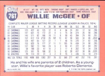 1991 Topps Traded - Limited Edition (Tiffany) #76T Willie McGee Back