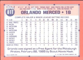 1991 Topps Traded - Limited Edition (Tiffany) #81T Orlando Merced Back