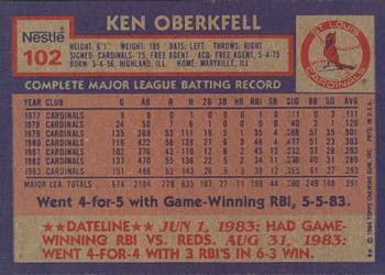 1984 Topps Nestle #102 Ken Oberkfell Back
