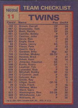 1984 Topps Nestle #11 Twins Leaders / Checklist (Kent Hrbek / Ken Schrom) Back