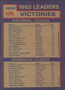 1984 Topps Nestle #135 1983 Victory Leaders (John Denny / LaMarr Hoyt) Back