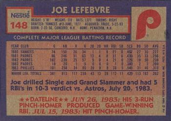 1984 Topps Nestle #148 Joe Lefebvre Back