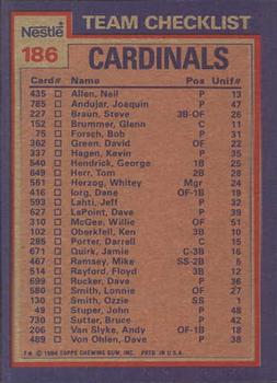 1984 Topps Nestle #186 Cardinals Leaders / Checklist (Lonnie Smith / John Stuper) Back