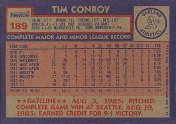 1984 Topps Nestle #189 Tim Conroy Back