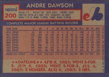 1984 Topps Nestle #200 Andre Dawson Back