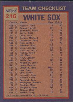 1984 Topps Nestle #216 White Sox Leaders / Checklist (Carlton Fisk / Richard Dotson) Back