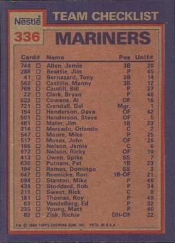 1984 Topps Nestle #336 Mariners Leaders / Checklist (Pat Putnam / Matt Young) Back