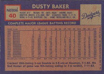 1984 Topps Nestle #40 Dusty Baker Back