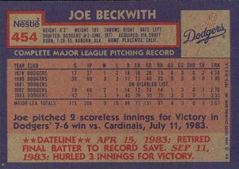 1984 Topps Nestle #454 Joe Beckwith Back