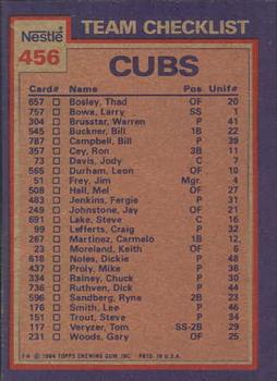 1984 Topps Nestle #456 Cubs Leaders / Checklist (Keith Moreland / Fergie Jenkins) Back