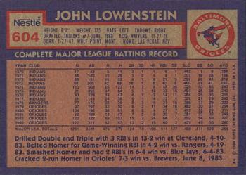 1984 Topps Nestle #604 John Lowenstein Back