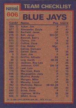 1984 Topps Nestle #606 Blue Jays Leaders / Checklist (Lloyd Moseby / Dave Stieb) Back