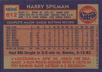 1984 Topps Nestle #612 Harry Spilman Back