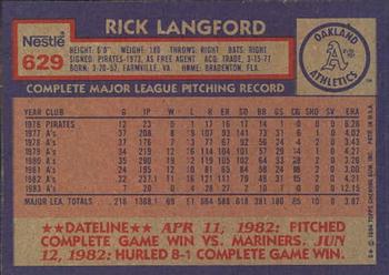 1984 Topps Nestle #629 Rick Langford Back