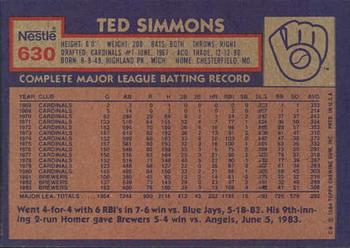 1984 Topps Nestle #630 Ted Simmons Back