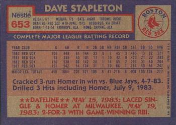 1984 Topps Nestle #653 Dave Stapleton Back