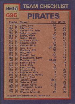1984 Topps Nestle #696 Pirates Leaders / Checklist (Bill Madlock / Rick Rhoden) Back
