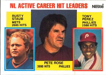 1984 Topps Nestle #702 NL Active Career Hit Leaders (Pete Rose / Rusty Staub / Tony Perez) Front