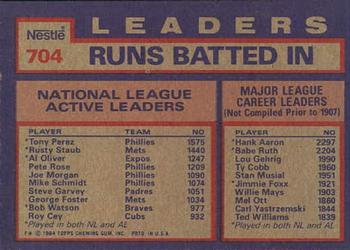 1984 Topps Nestle #704 NL Active Career RBI Leaders (Tony Perez / Rusty Staub / Al Oliver) Back