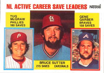 1984 Topps Nestle #709 NL Active Career Save Leaders (Bruce Sutter / Tug McGraw / Gene Garber) Front