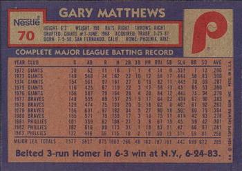 1984 Topps Nestle #70 Gary Matthews Back