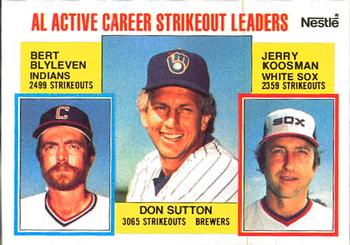 1984 Topps Nestle #716 AL Active Career Strikeout Leaders (Don Sutton / Bert Blyleven / Jerry Koosman) Front