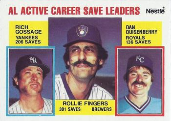 1984 Topps Nestle #718 AL Active Career Save Leaders (Rollie Fingers / Rich Gossage / Dan Quisenberry) Front