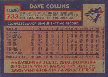 1984 Topps Nestle #733 Dave Collins Back