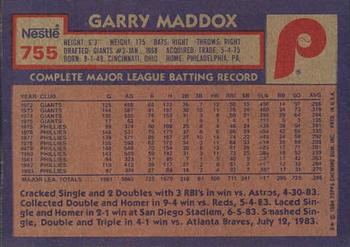 1984 Topps Nestle #755 Garry Maddox Back