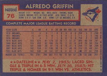 1984 Topps Nestle #76 Alfredo Griffin Back
