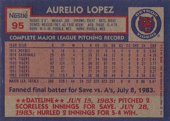 1984 Topps Nestle #95 Aurelio Lopez Back