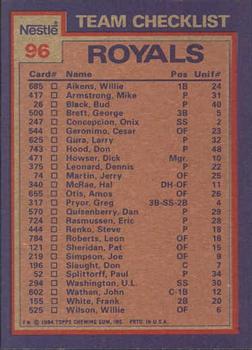 1984 Topps Nestle #96 Royals Leaders / Checklist (Hal McRae / Larry Gura) Back
