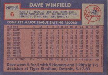 1984 Topps Nestle Dream Team #6 Dave Winfield Back